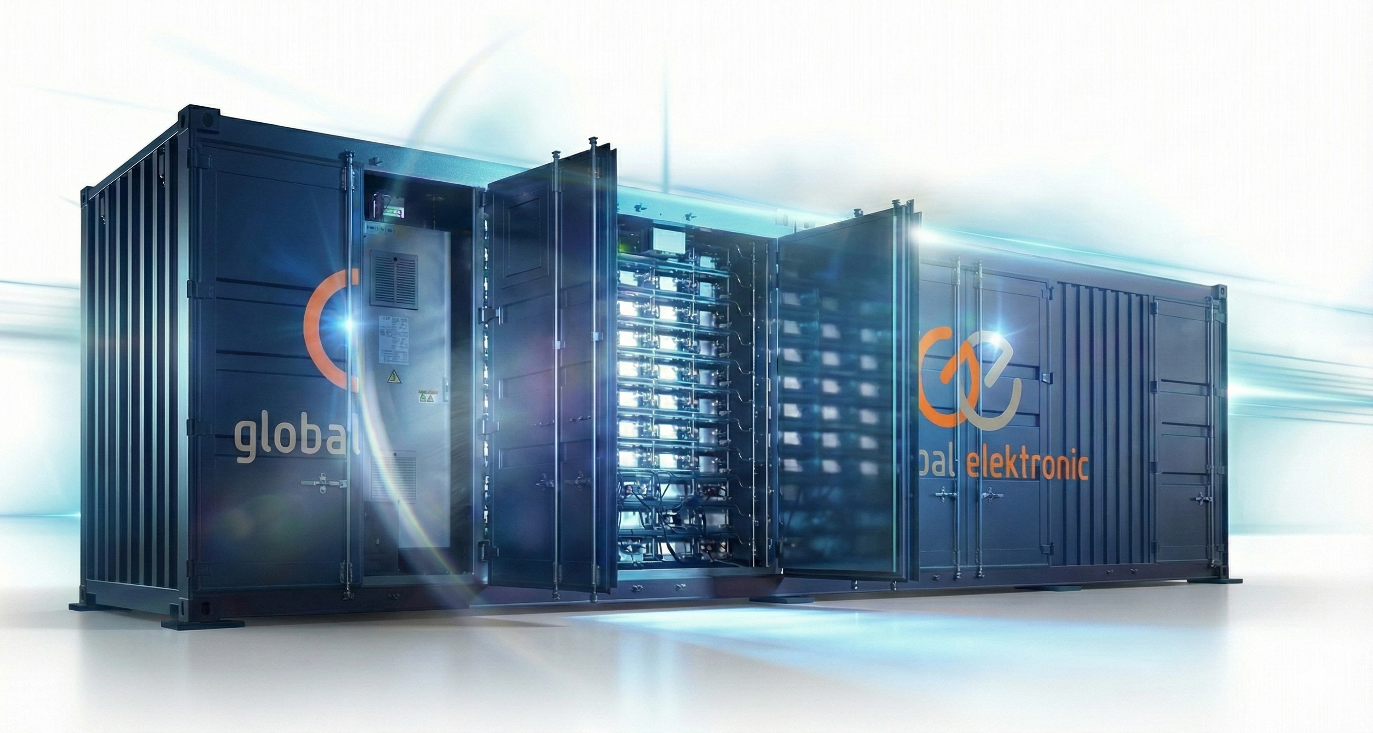 Detail kontejnerového BESS – otevřený servisní pohled na bateriové moduly a vnitřní technologii